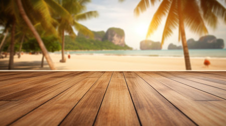 The empty wooden table top with blur background of Thailand beach. Exuberant image.の写真素材