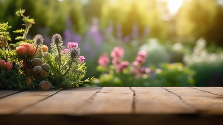 The empty wooden table top with blur background of English garden. Generative AI image AIG30.の素材
