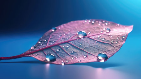 The close-up of transparent skeleton leaf with water drops on beautiful texture in a blue and pink background. Generative AI image AIG30.の素材