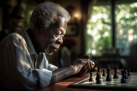 Male African elderly playing chess in sun room activity. Generative AI AIG23.の素材