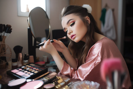 Female Caucasian teenager doing makeup in bedroom glamor. Generative AI AIG23.の素材