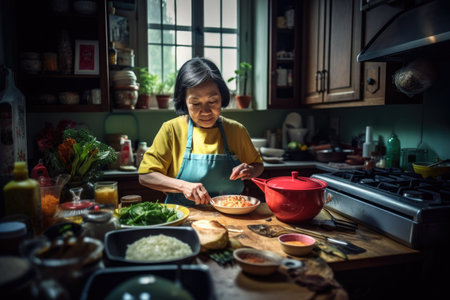 Female Asian senior cooking in kitchen apron chef attire. Generative AI AIG23.の素材