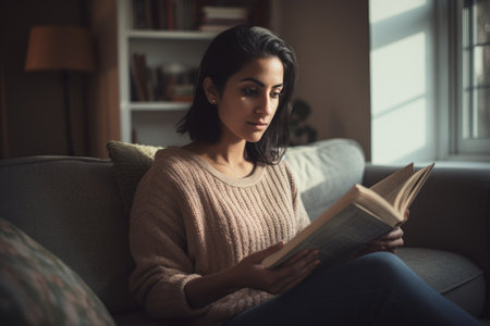 Female Middle Eastern 30s reading books in living room couch casual relaxing. Generative AI AIG23.の素材