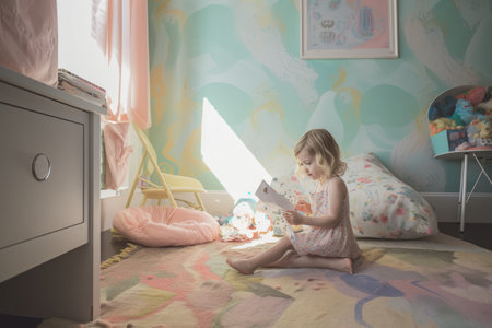 Female Caucasian child playing in playroom fun leggings. Generative AI AIG23.の素材