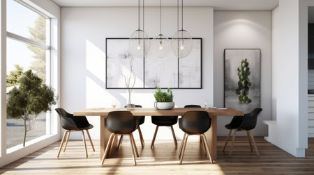 Interior design inspiration of Contemporary Minimalist style home dining room loveliness decorated with Wood and Metal material and Geometric Pendant Light .Generative AI home interior design .の素材
