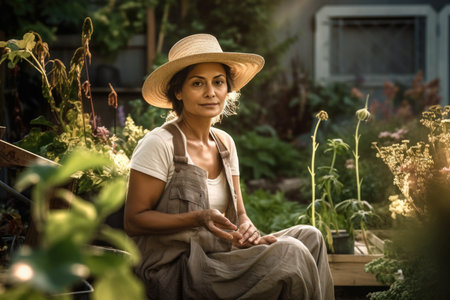 Female Hispanic middle aged gardening in backyard plants. Generative AI AIG23.の素材