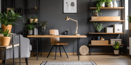 Interior of home office with grey and wood potted plants. Generative AI AIG18.の素材
