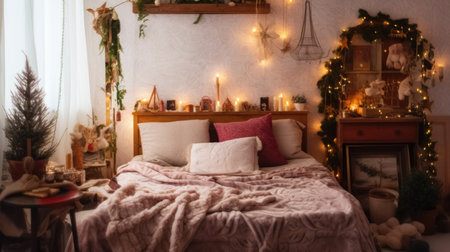 Interior design of a cozy bedroom with wooden furniture in a Christmas theme. Generative AI AIG27.の素材