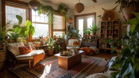 Living room decor, home interior design . Mid-Century Modern Bohemian style with Fireplace decorated with Wood and Textiles material . Generative AI AIG26.の素材