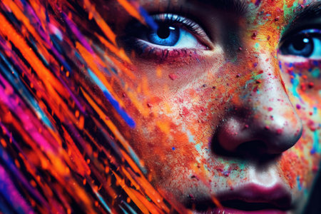 A close-up of a beautiful glitchcore female face is captured in a vibrantly surreal fashion photography style. Generative AI AIG27.の素材