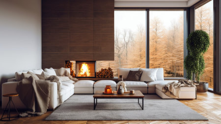 Living room decor, home interior design . Modern Minimalist style with Fireplace decorated with Leather and Wood material . Generative AI AIG26.の素材