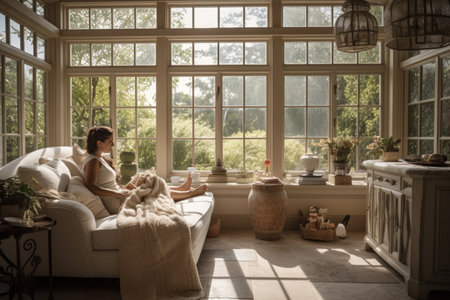 Female Hispanic middle aged lounging sun room cozy warm. Generative AI AIG23.の素材