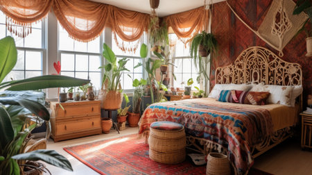 Bedroom decor, home interior design . Bohemian Eclectic style with Gallery Wall decorated with Rattan and Macrame material . Generative AI AIG26.の素材