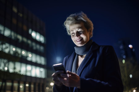 Wide angle shot of a senior caucasian businesswoman executive using mobile phone with background of modern office buildings at night. Generative AI AIG18.の素材