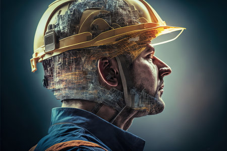 Electrical engineering concept design. electrician or engineer wear hardhat with double exposure effect on his head feature with wondrous electric circuit or wire pattern texture by Generative AI.の素材
