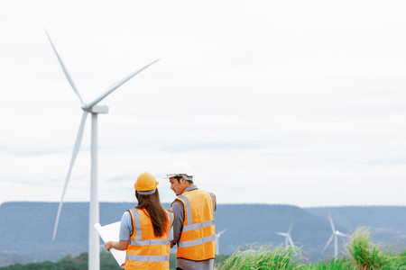 Male and female engineers working on a wind farm atop a hill or mountain in the rural. Progressive ideal for the future production of renewable, sustainable energy.の写真素材
