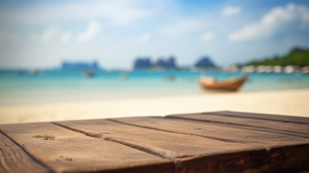 The empty wooden table top with blur background of Thailand beach. Exuberant image.