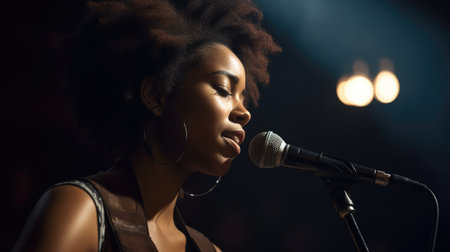 Musician Female African-American Young adult Singing and playing guitar on stage in Music venue. Generative AI AIG22.の素材