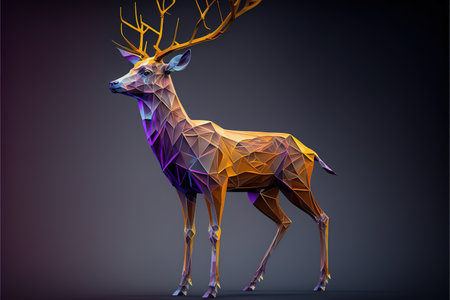 Dear with iridescent prism texture and intricate polygon pattern design. Creative abstract wild life animal in digital wireframe concept. Superb Generative AIの素材