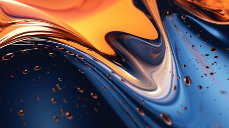 The close up of a glossy liquid surface abstract in navy blue, golden yellow, and deep red colors with a soft focus. 3D illustration of exuberant.の写真素材