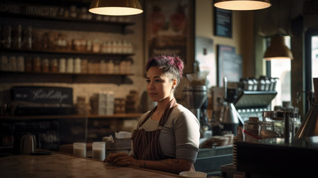 Barista Female Hispanic Middle-Aged Taking orders and payments at the counter in coffee shop. Generative AI AIG22.の素材