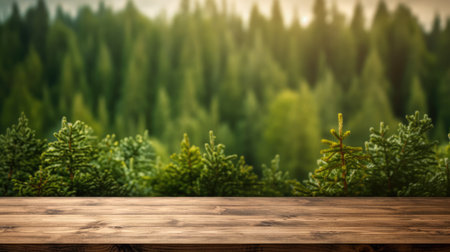The empty wooden table top with blur background of boreal forest. Exuberant image.の写真素材