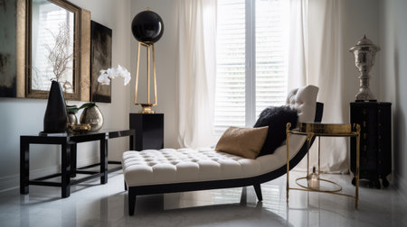 Living room decor, home interior design . Art Deco Contemporary style with Large Window decorated with Velvet and Marble material . Generative AI AIG26.の素材