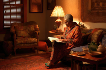Female African senior reading books in living room casual relaxing. Generative AI AIG23.の素材