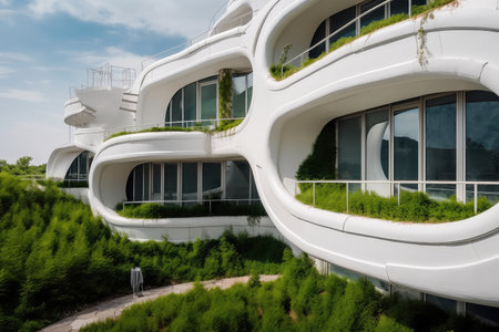 Futuristic architecture, sustainable building design, painted in white. Generative AI AIG18.の素材