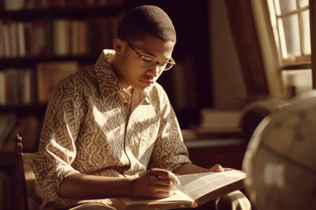 Male African American teenager reading books in home library casual relaxing. Generative AI AIG23.の素材