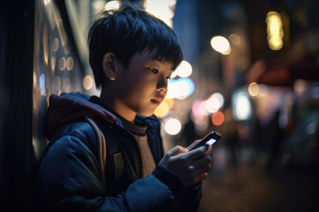 Low angle shot of a young chinese japanese 10-year-old little boy trendy clothes using mobile phone with background of urban city street at night. Generative AI AIG18.の素材