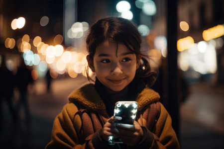 Low angle shot of a young mexican hispanic 10-year-old little girl trendy clothes using mobile phone with background of urban city street at night. Generative AI AIG18.の素材