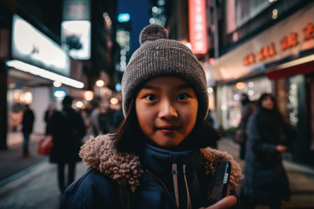 Wide angle shot of a young chinese japanese 10-year-old little girl trendy clothes using mobile phone with background of urban city street at night. Generative AI AIG18.の素材