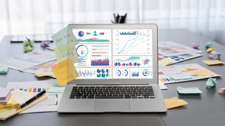 Sticky note for creative and analytic brainstorm for business idea with BI data dashboard on laptop screen. Analysis financial data visualization tech for marketing strategy. Prodigyの写真素材