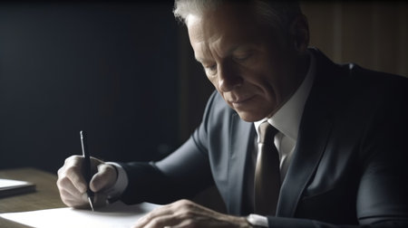 CEO Male Caucasian Middle-aged Mature Signing documents at his desk in Office Generative AI AIG22.の素材