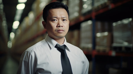 Logistics Coordinator Male Asian Middle-Aged Coordinating the transportation and distribution of industrial goods in Distribution center. Generative AI AIG22.の素材