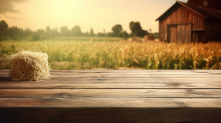 The empty wooden brown table top with blur background of farm and barn. Generative AI image AIG30.の素材