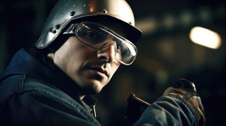 Industrial Worker Male Caucasian Middle-Aged Operating heavy machinery in a manufacturing plant, producing industrial goods in Factory. Generative AI AIG22.の素材