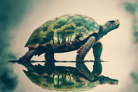 Contemporary abstract artwork double exposure turtle of and forest landscape design, concept of aimal and natural wilderness adventure. Superb Generative AI.の素材