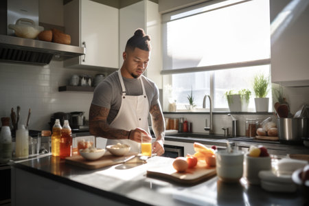 Male mixed race young adult cooking in kitchen apron chef attire. Generative AI AIG23.の素材