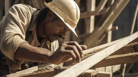 Construction Worker Male African-American Mature Using tools to build a house in Construction site. Generative AI AIG22.の素材