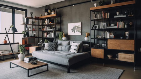 Bedroom decor, home interior design . Industrial Mid-Century Modern style with Bookshelf decorated with Concrete and Wood material . Generative AI AIG26.の素材