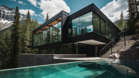 Home architecture design in Contemporary Style with Glass curtain walls constructed by Steel and Glass material. Minimalist Modern design. Generative AI AIG25 .の素材