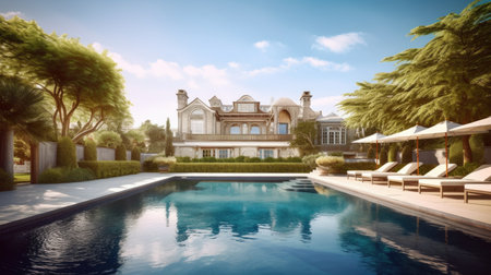 The outdoor swimming pool in backyard of the luxury mansion. Generative AI AIG27.の素材