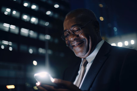 a senior african-american businessman executive using mobile phone with background of modern office buildings at night, and smiling happy Generative AI AIG18.の素材