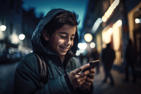 Wide angle shot of a young mexican hispanic 10-year-old little boy trendy clothes using mobile phone with background of urban city street at night. Generative AI AIG18.の素材