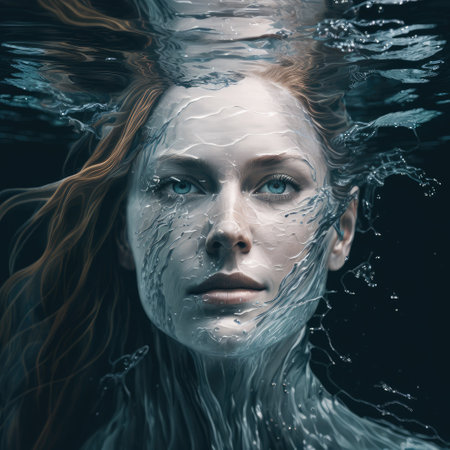 Abstract art in beautiful face woman in underwater seascape concept. Concept of closeup makeup face in swirl water design. Finest generative AI.の素材