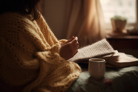 Female Caucasian 60s knitting cozy reading books sweater. Generative AI AIG23.の素材