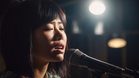 Pop Rock Singer Female Asian Young Adult Rehearsing and performing on stage, singing pop and rock songs in Rehearsal studio. Generative AI AIG22.の素材