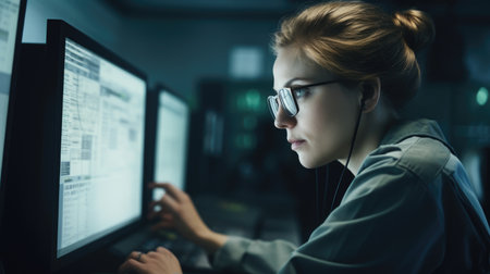 Aerospace Engineer Young Female Caucasian monitoring the screen. Generative AI AIG22.の素材
